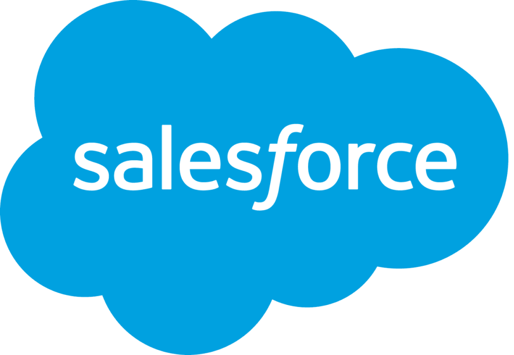 Salesforce logo featuring white text on a blue cloud shape.